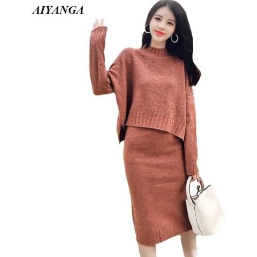 Knitted Women Sets 2 Pieces Autumn Winter Long Sleeve Pullovers Sweaters Medium Long Skirts Elastic waist package Hip Skirt
