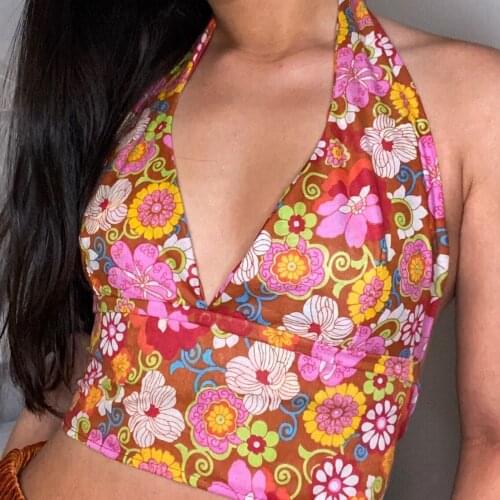 2021 Summer New Style Women Halter Neck Vest Vest Sleeveless Deep V-Neck Floral/Wave Stripe Print Vest Short Fashion Top