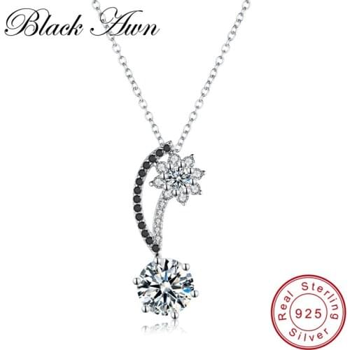 [BLACK AWN] Femme Genuine 100% 925 Sterling Silver Necklaces Pendants Jewelry Black&White Stone Necklace Women Bijoux P094