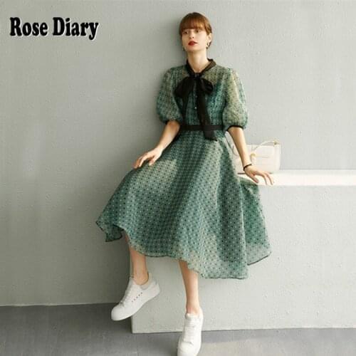RoseDiary Dot Print Women Puff Sleeve Dress 2021Summer Vintage Sweet Mesh Dresses Half sleeve Party Dress Femme Vestido