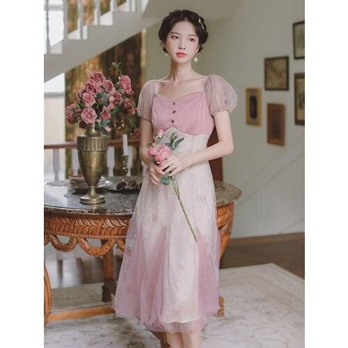 2021 Summer New Womens French Romantic Style Color Matching Square Neck Puff Sleeve Mid-Length Dress Bohemian Travel Mesh Dress