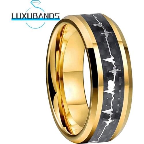 Gold Tungsten Wedding Rings For Women Men 8MM Beveled Edges Black Carbon-Fiber Heartbeat Inlay Polished Finished Comfort Fit