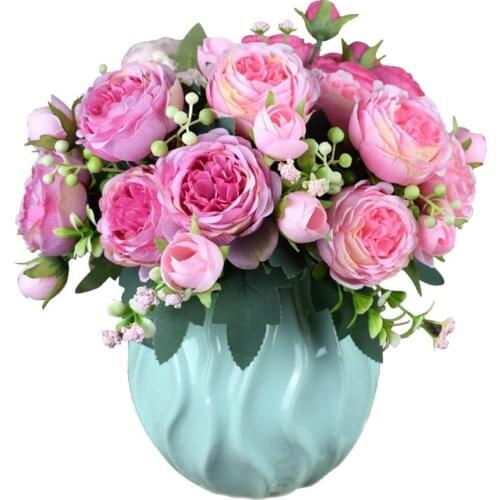 1 Bunch of 9 Head Artificial Flower Tea Roses Peony Silk DIY Family Garden Party Wedding Decoration