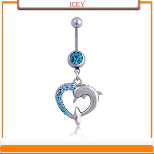 Anti-Allergy medical steel belly button dolphin love diamond pendant belly button ring belly dance accessories navel nail Q00254