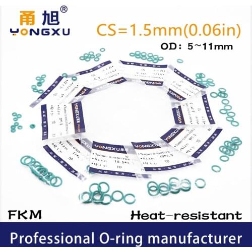 15PCS/lot Green FKM Fluorine Rubber O-rings Seals CS 1.5mm OD5/5.5/6/6.5/7/8/8.5/9/10/10.5/11*1.5mm Ring Gasket Rings Washer