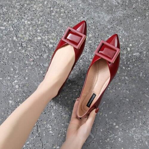 2020 Pointed Toe patent leather square buckle ballet flats woman ballerina shallow slip on moccasins women shoes large size36-45