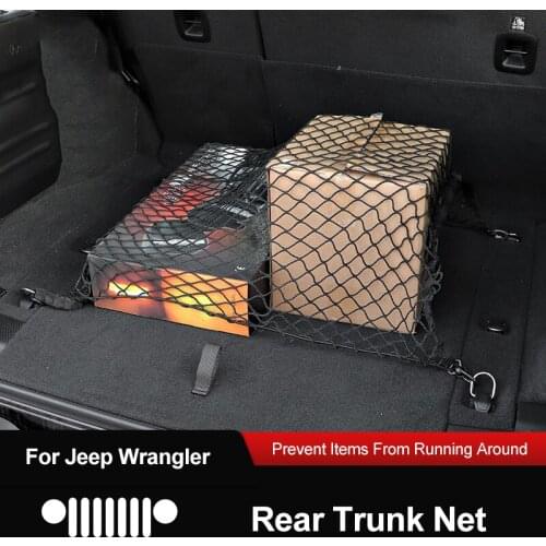 QHCP Car Rear Trunk Net Storage Luggage Mesh Cargo Organizer Bag Stowing Tidying Nylon Hook Black For Jeep Wrangler JL 2018 2019