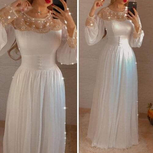 Sparkly Beads Pearls White Long Sleeves Evening Dresses Elegant O-neck Buttons A-Line Prom Gowns Formal Dress robes de soirée