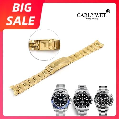 CARLYWET 20mm Gold Silver Solid Curved End Screw Links Glide Lock Clasp Steel Watch Band For Rolex OYSTER Daytona GMT Submariner