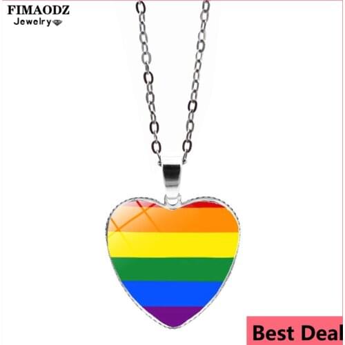 FIMAODZ Rainbow Flag Gay Pride Necklace Lesbian LGBT Pride Colorful Glass Cabochon Heart Pendant Fashion Jewelry