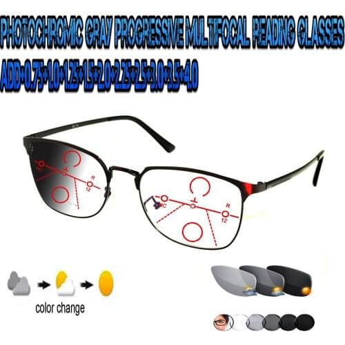 Photochromic Gray Progressive Multifocal Reading Glasses Ultralight Squared Large Size Metal Frame Fashion +0.75 To +4.0