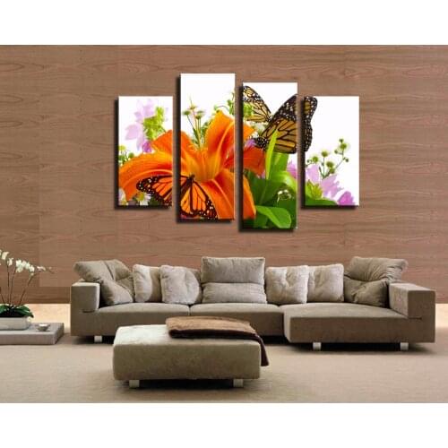 Hot Sell 4 panel Butterfly Flower Large HD Decorative Art Print Painting On Canvas For Living Room Wall Paintings Pictures
