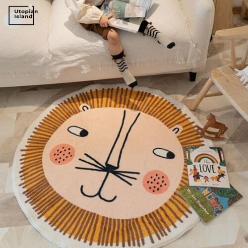 Baby Carpet Modern Living Room Fluffy Rug Furry Mat For Children Round Bedroom Carpet Lion Animal Floor Mat Yellow Carpet Kawaii