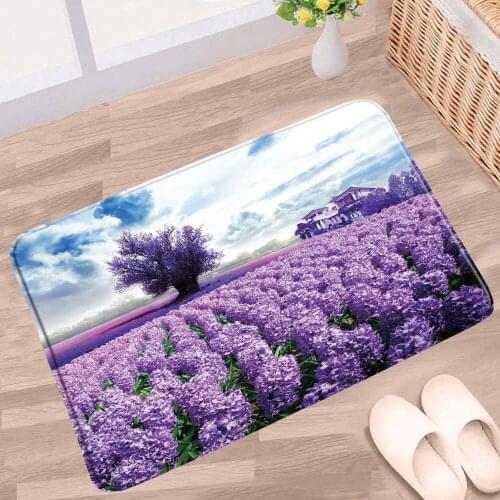 Purple Lavender Flower Bathroom Mat Flower Plant Spring Green Scenery Daisy Poppy Wave Non-Slip Rug Kitchen Doorway ​Aisle Carpe