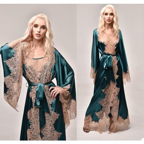 Lace & Satin Women Sleepwear Two Piece Floor Length Bathrobe Custom Made Long Sleeves Sleep Gowns