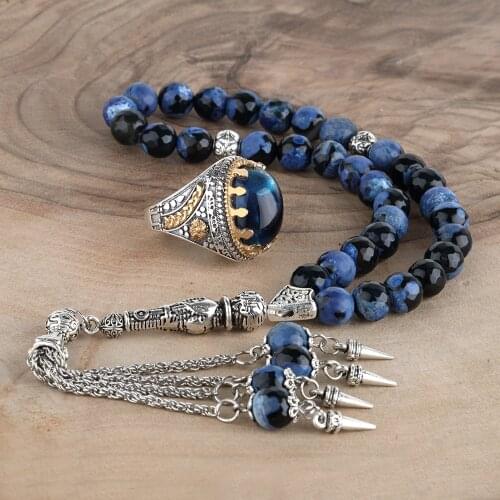 Agate Mens Jewelry Set 925 Sterling Silver Ring and Rosary for Men