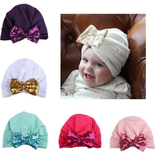 2020 Newest Newborn Baby Girls Infant Solid Cotton Sequined Bowknot Beanie Hat Knit Hospital Autumn Caps
