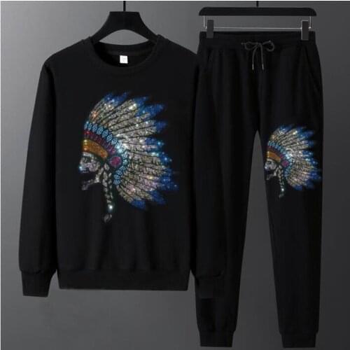 New europe fashion Mens Tracksuit Casual Men Hoodies Sweatshirts top quality Rhinestones Men winter Set