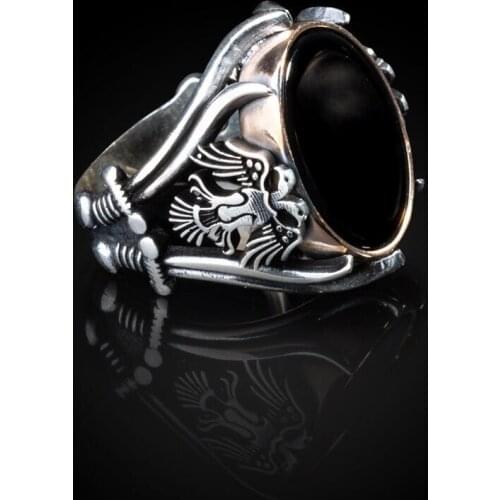Oval Black Onyx Gemstone Men Silver Ring Sword Model Men Ring Double Eagle Style Men Jewelry Animal Silver Ring
