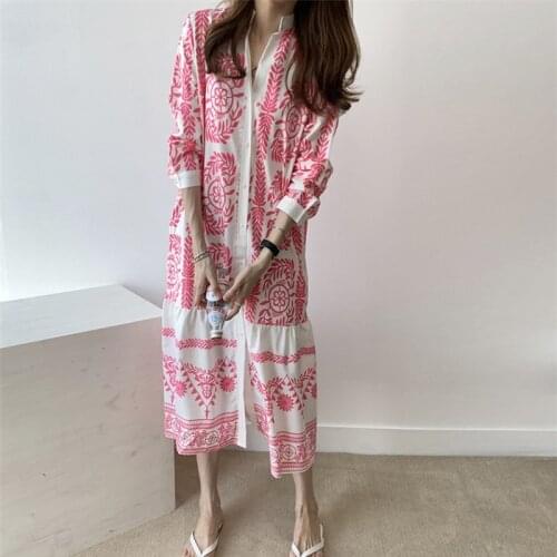 Korean Floral Print Long Midi Dress Women Vintage Elegant Shirt Dress Single Breasted Long Sleeve Casual Loose Spring Slim B556