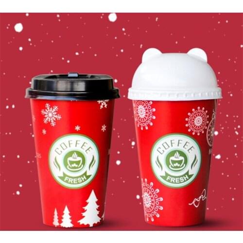 50pcs Christmas cup 500ml red tekeaway package disposable cups party favor coffee tea creative thicken paper cups with lid