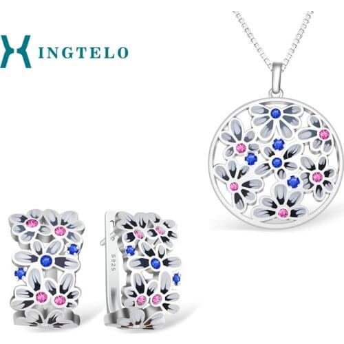 XINGTELO Colorful 925 Sterling Silver Jewelry Set for Women Flower Enamel Hollow Earrings Pendant Silver Chain Party Jewelry