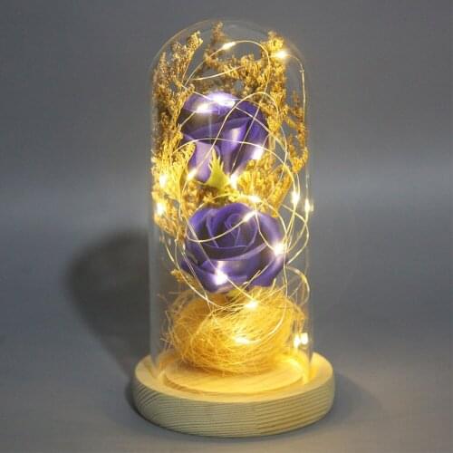 LED Light Artificial Eternal Rose Light in Glass Cover Luminous Soap Made Preserved Flower Ornaments Valentines Mothers Day