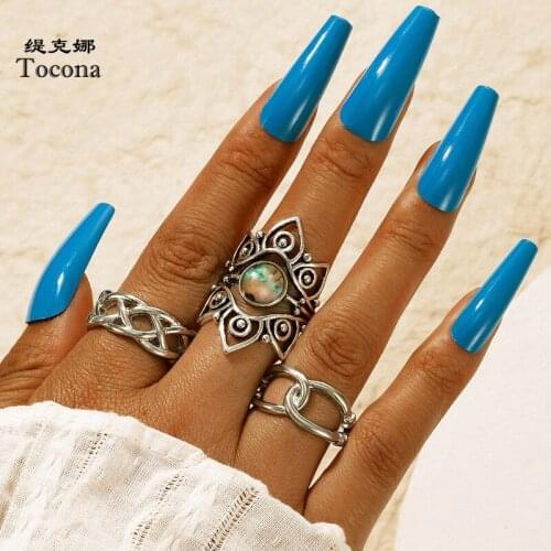 Tocona 3pcs/sets Colorful Opeal Stone Heart Silver Color Ring Sets for Women Hollow Geometric Alloy Metal Jewelry Accessories