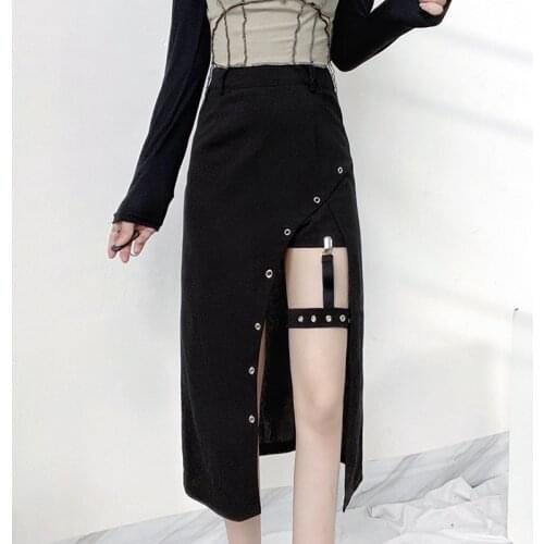Summer New Style Y2K Irregular Black High Waist Long Skirt Female Punk Goth Street Sexy Side Slit Skirt