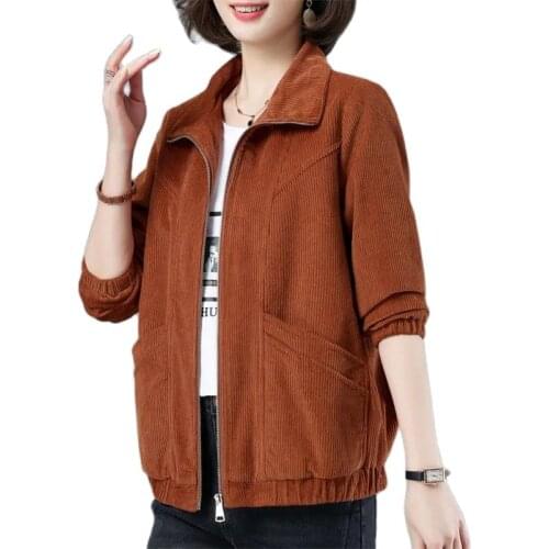 Women Corduroy Jacket Spring Autumn Plus Size Stand Collar Coat Middle-aged Mother Casual Short Windbreaker Female Tops 3XL H140