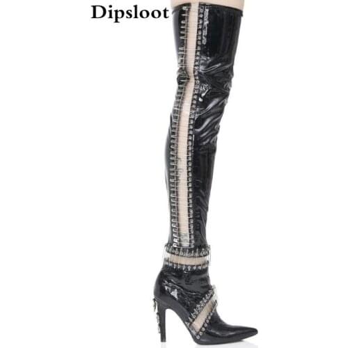 2017 Fall Sexy Women Black Patent Leather Pins Cuts Out Pointed Toe Punk Style Thin Heels Over The Knee Slim High Boots Big Size