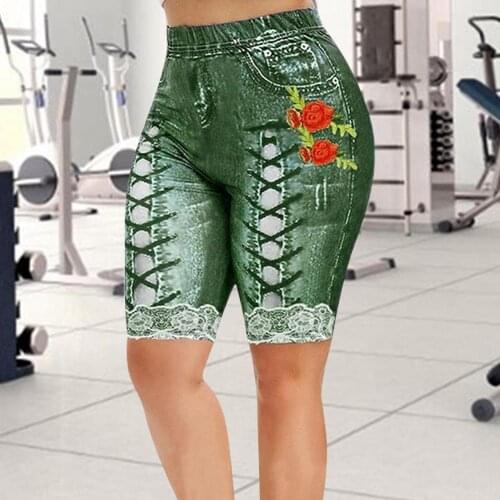 Womens Shorts High-waist Hip-lifting Denim Fitness Leggings Elastic Waist Skinny Pants Slimness Fit Clothing
