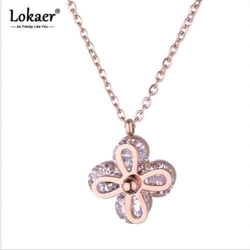 Lokaer New Titanium Stainless Steel Flower Plant Charm Choker Necklace Bohemia CZ Crystal Pendant Necklace For Women N17094