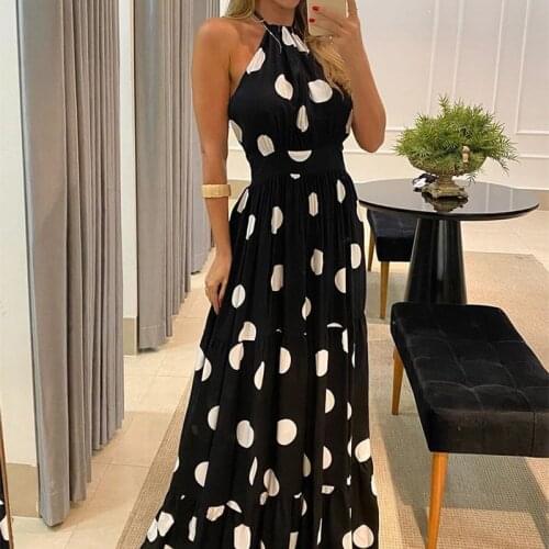 2021 Womens Clothing Spring Summer Polka Dot Print Halter Backless Ruched Maxi Dress Elegant Party Wedding Sleeveless Runway