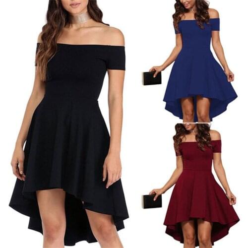 Womens Short-Sleeved Dresses Fashion Summer One Shoulder Solid Color Sexy Elegant Knee-Length Big Swing Tuxedo Ladies Skirt