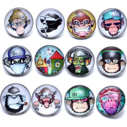 12pcs/lot Rock Gorilla Theme Glass Charms 18mm Snap Button Jewelry For 18mm Snaps Bracelet Snap Jewelry KZ0681