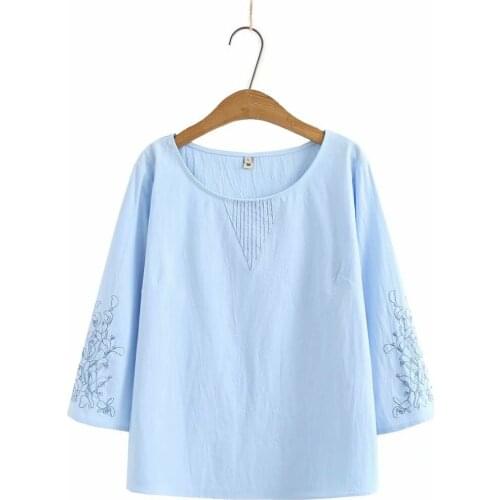 Plus size embroidery cotton women loose O neck blouse 2021 new spring summer casual laides pullovers female shirts tops