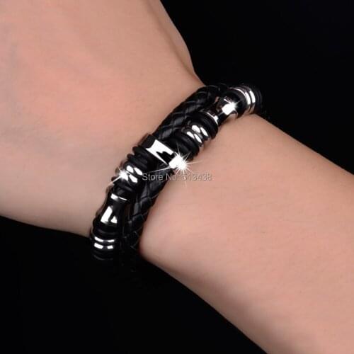 N911 Black Genuine Leather Bracelet Wristband Mens Stainless Steel Magnetic Clasp