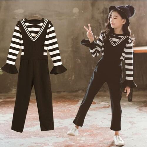 Kids Costume Teen Girls Clothing Set Spring Autumn Striped Tshirts + Overalls 2pcs Suit School Girl Tracksuit Cool Clothes Set