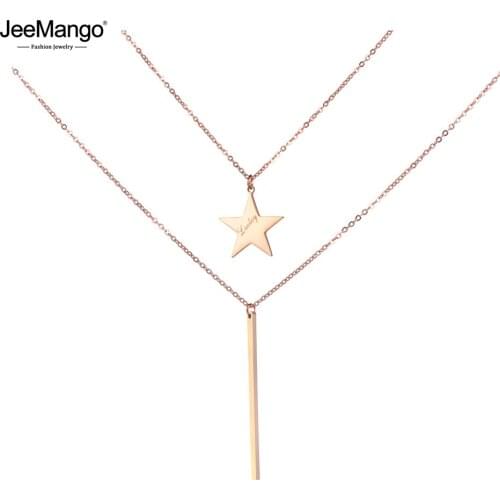 JeeMango Fashion Strip & Lucky Star Double Layers Necklace Stainless Steel Bohemia Party Neckalces Jewelry For Women JN18279