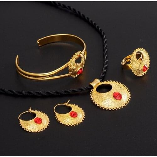 Cute Rhinestone Ethiopian bridal Jewelry sets Pendant /Earrings/Ring Ethiopia Gold crystal African Wedding Eritrea Set Gift