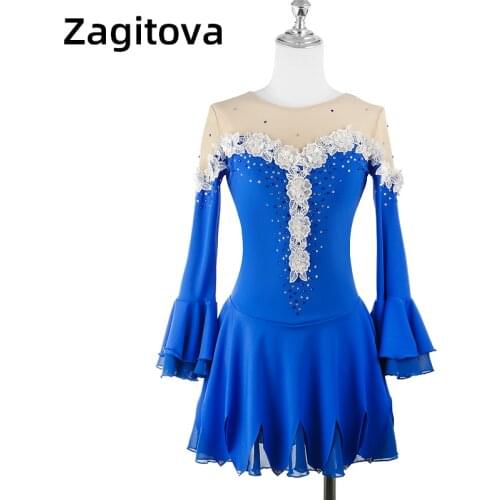 Royal Blue Figure Skating Dress Women And Girls Ice Skating Clothes Long Sleeve Princess Skirt With Rhinestones Lace