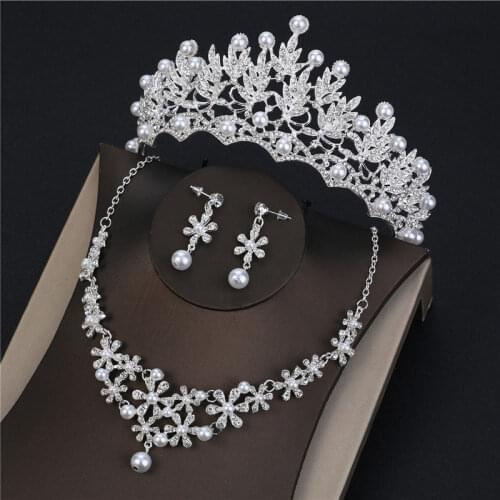 Bride Crown Tiara Bridal Headwear Bride to be Wedding Hair Accessories Bijoux Cheveux Pearl Necklace Sets Tiara Crowns for Women