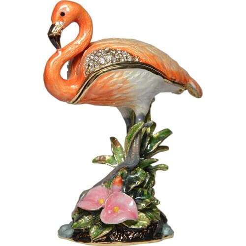 Flamingo jeweled trinket box rhinestone metal jewelry case metal jewelry box container birthday/collectible gift bird figurine