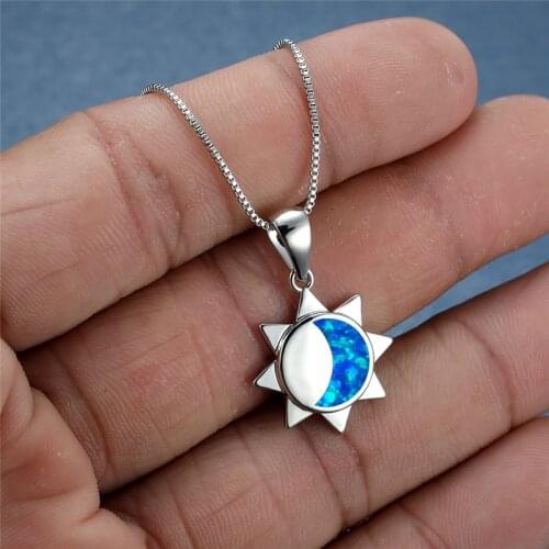 Cute Sun Moon Pendant Necklace White Blue Opal Stone Wedding Necklace Boho Rose Gold Silver Color Chain Necklaces For Women Gift