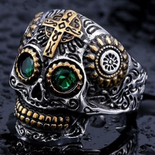 Mens Classic Trend Punk Green Eye Skull Single Ring Ring Domineering Goth Rock Party Jewelry