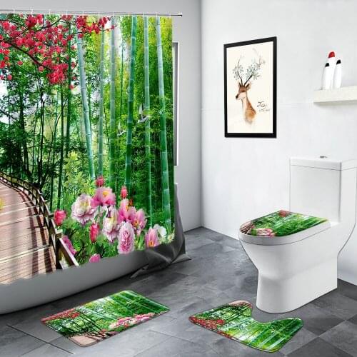 Flowers Green Bamboo Scenery Shower Curtains Wooden Bridge Floral Plants Natural Landscape Bathroom Rug Non-slip Bath Mats Set