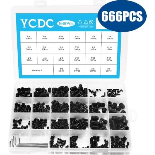 Head Hexagon Socket Headless Assortment Set Screw Hex Set Screws Flat Point Alloy Steel M2 M3 M4 M5 M6 M8 Grub Screw YCDC 666Pcs