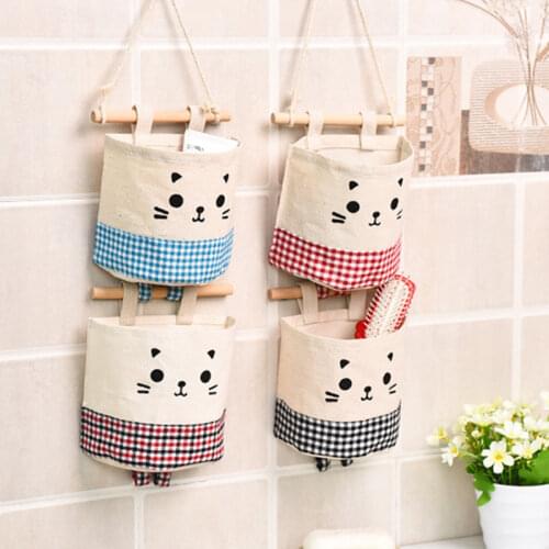 Home Kitchen Door Wall Hanging Organizer Pocket Bag Sundries Storage Holder Colorful Cartoon Cat Decor Cotton And Linen Bag