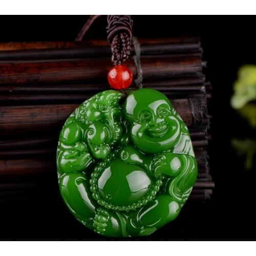 Natural Jade Green Hand Carved Maitreya Buddha Pendant Fashion Jewelry Mens and Womens Tripe Buddha Necklace Gift Accessories